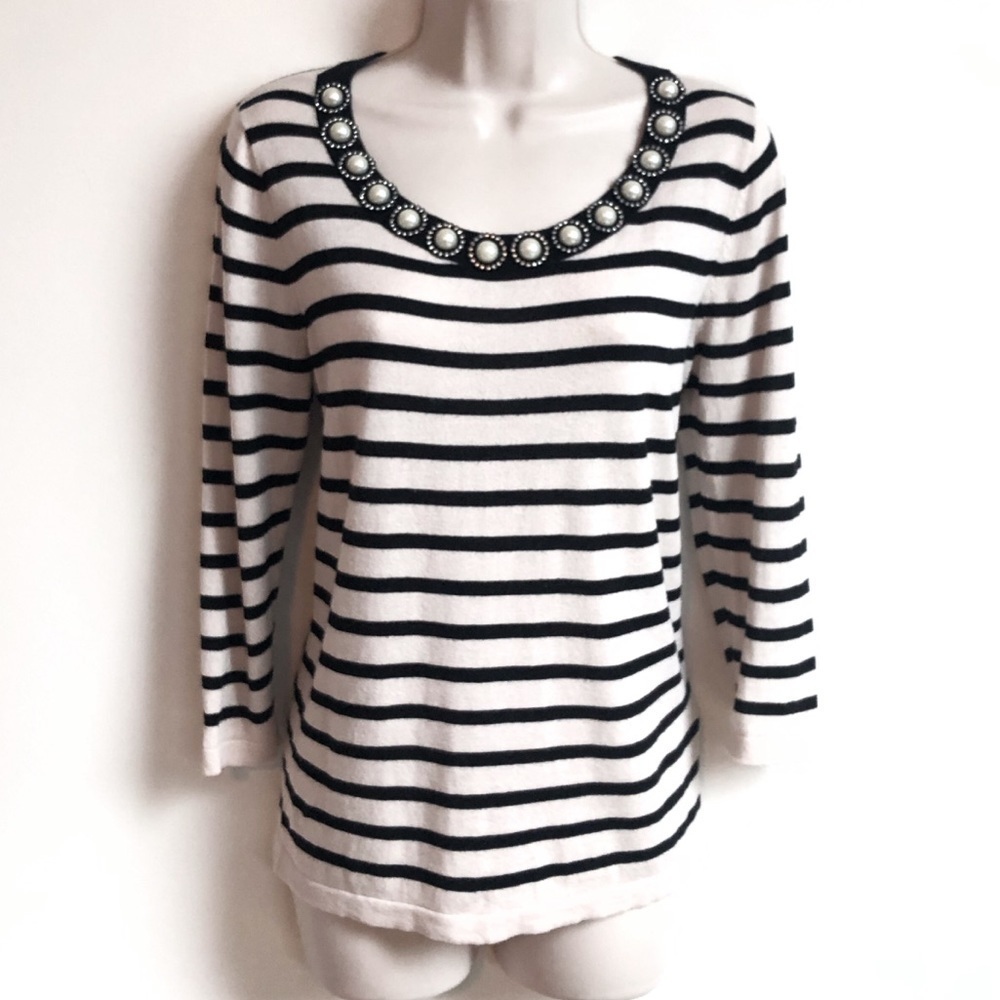 August Silk vintage pearl striped 3/4 sleeve scoop neck pullover sweater small